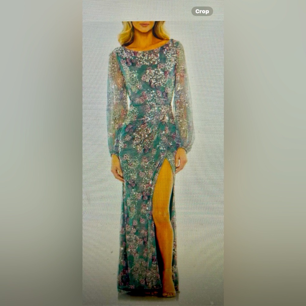 Mac Duggal Green V-Neck Gown with Bishop Sleeves